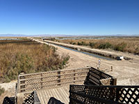 View of the straight irrigation channel with dirt roads on each side freshwater canal from observation platform on Vendel Road. Marsh is on either side of the road.